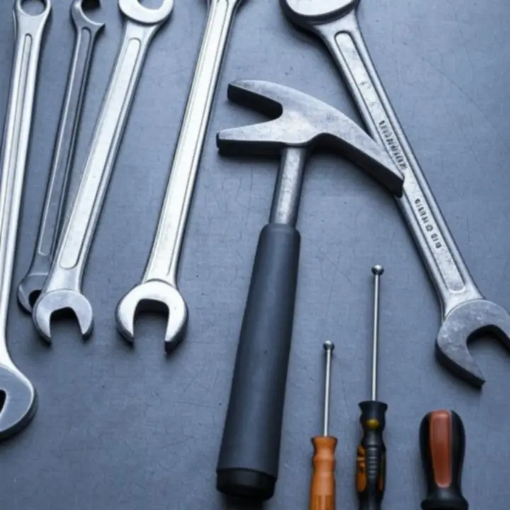 Zestaw narzędzi ręcznych ułożonych na warsztatowym blacie